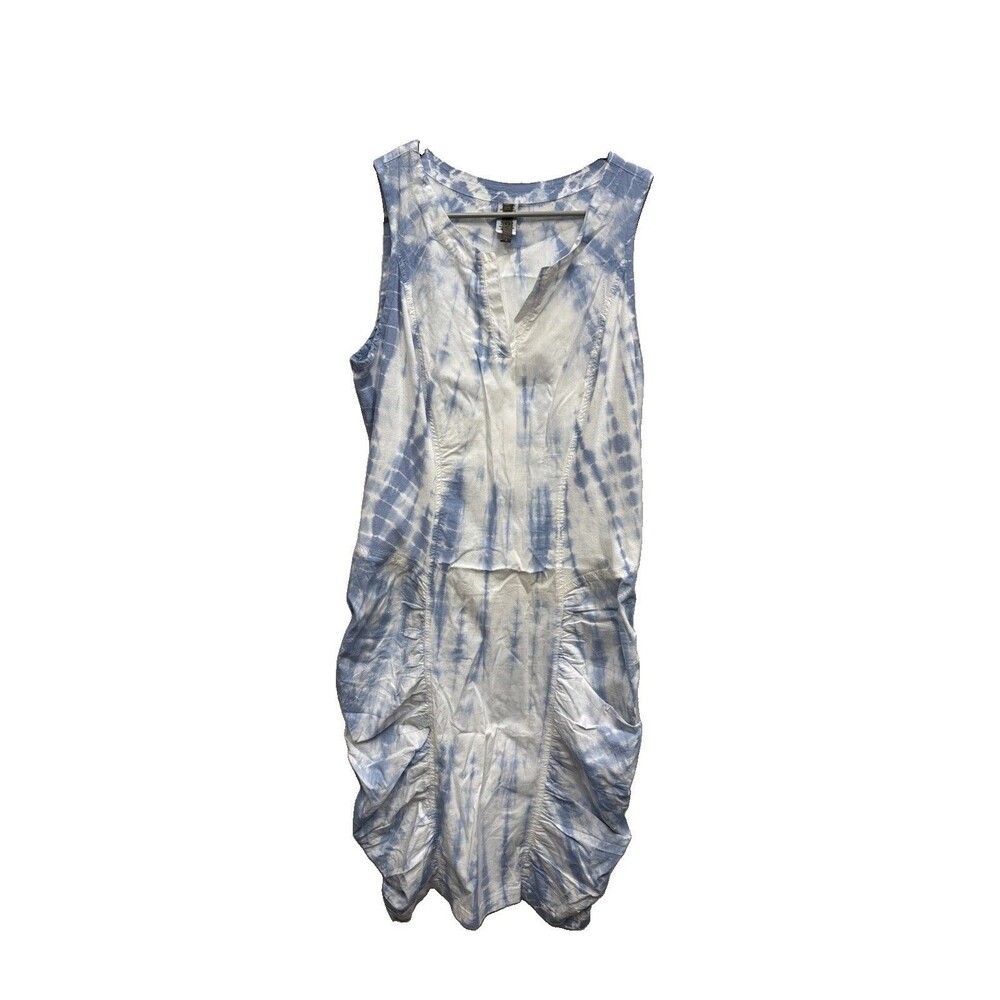XCVI Women Blue White Tie Dye Midi Dress L Sleeveless Cotton Blend Ruched